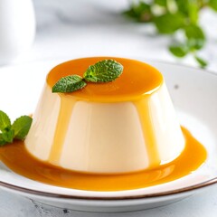 Creamy caramel panna cotta topped with fresh mint leaves