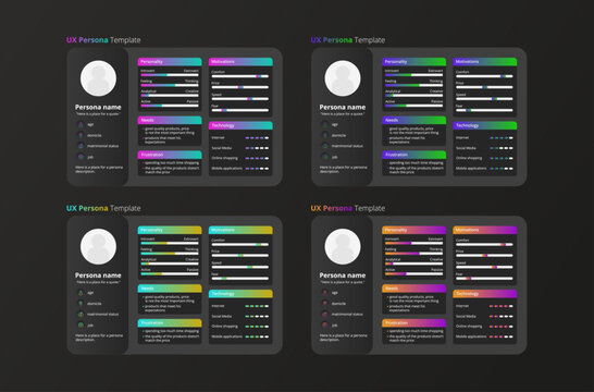 UX persona template set, perfect for UX/UI designers, product managers, and researchers. Ideal for presentations, workshops, and usability projects.