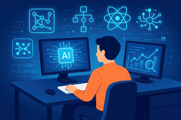 Person working at desk with two computers showing AI and data analysis with icons