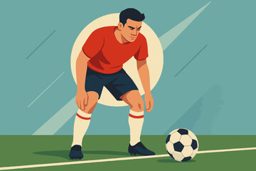 Fototapeta premium Soccer player ready for action with soccer ball on field in flat design