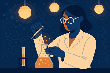 Flat style female scientist conducting experiment in laboratory with beakers and molecules