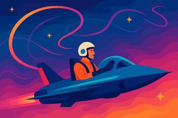 Futuristic flight: pilot in jet with vibrant night sky and shooting stars