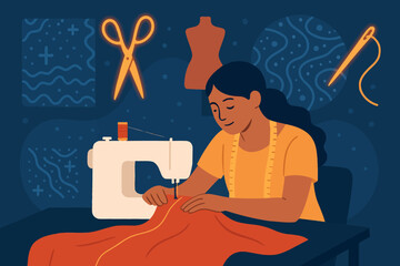 Skillful seamstress sewing in studio with machine and tools for tailoring and fashion