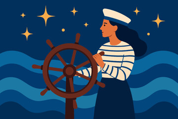 Sailor woman at ship helm under starry night sky in flat art