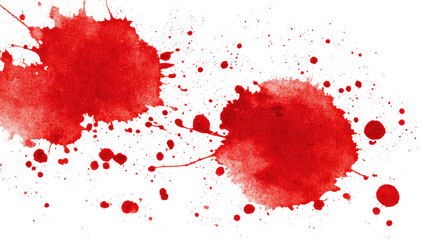 Two prominent red blotches, many smaller red droplets scattered against a stark black background