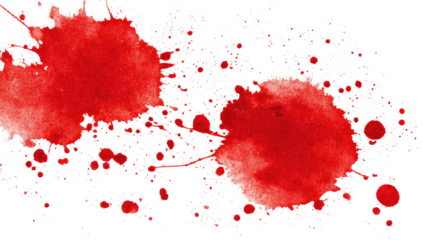 Two prominent red blotches, many smaller red droplets scattered against a stark black background