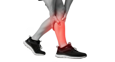 Person with leg pain holding calf isolated on transparent background