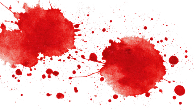 Two prominent red blotches, many smaller red droplets scattered against a stark black background