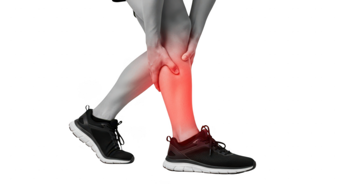 Person with leg pain holding calf isolated on transparent background