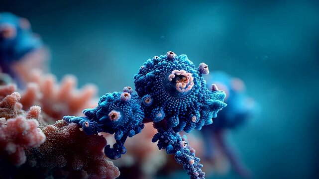 Vibrant blue coral organism with intricate texture and glowing details underwater creating surreal marine macro scene with rich depth