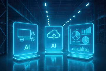 Three glowing blue holographic displays showing AI-powered logistics, cloud, and data analytics in a warehouse