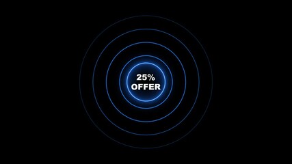 Neon 25 Percent Offer with Blue Concentric Rings on Dark Background sale discount