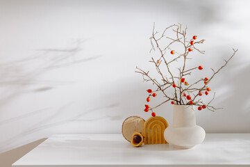 Vase with branches of rose hips on white table with cozy autumn decorations and aesthetic sunlight shadows, copy space. Autumn home interior decoration