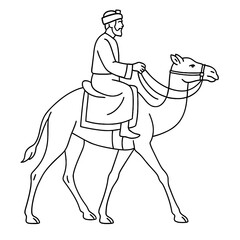 Fototapeta premium Camel rider line art with reins, robed man traveling, side view black outline