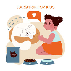 Child Interacting with Sleeping Cat Vector Illustration