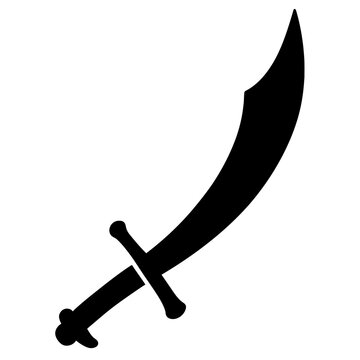 Curved scimitar sword silhouette with crossguard, weapon icon, black on white