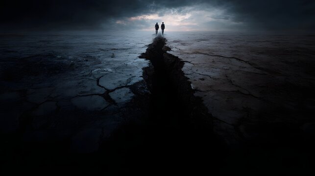 Two silhouetted figures stand at the precipice of a deep dry earth crack divided by the chasm under a dramatic and ominous stormy sky at dusk