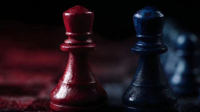 Two chess pawns red and blue face off in dramatic lighting on a board symbolizing competition and strategy
