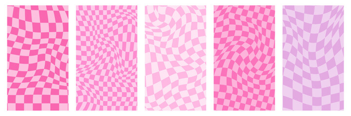 Set of distorted psychedelic checkerboard patterns in pink and purple. Wavy warped grid backgrounds. Groovy retro 70s optical illusion vector design for posters, fashion, and digital art