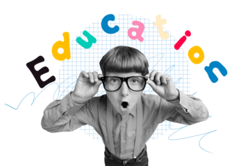 Composite photo collage of astonished geek boy nerd hold glasses education concept knowledge study isolated on painted background