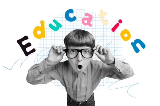 Composite photo collage of astonished geek boy nerd hold glasses education concept knowledge study isolated on painted background