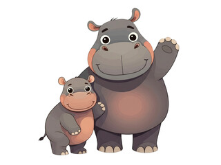 Fototapeta premium Happy cartoon hippos waving in a cheerful setting