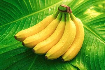 Fresh yellow bananas with water droplets on glossy green leaf, vibrant tropical food background and healthy concept — generative AI