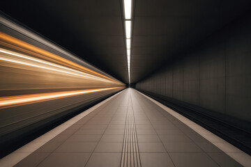 Minimal subway tunnel with tactile path and fast train streaks glowing past a vanishing point; speed, motion and symmetry — generative AI