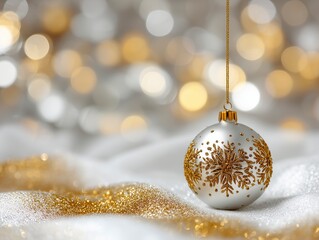 An Elegant White and Gold Christmas Snowflake Ornament with copy space