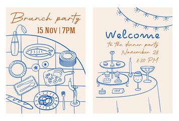 Trendy posters with sketch illustrations of laid tables. Whimsical brunch invitation in blue and orange colors. Elegant dinner party aesthetic. Minimalistic vector cards