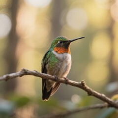 Fototapeta premium Vibrant hummingbird perched on a branch in a forest, showcasing colorful feathers and delicate features during golden hour