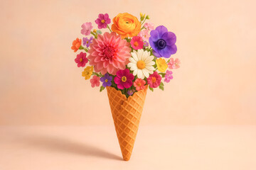 Bouquet of bright flowers in waffle cone on soft peach backdrop; sweet floral concept. generative AI
