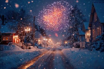 Snowy evening street in a residential neighborhood is illuminated by streetlights and festive fireworks during a winter celebration