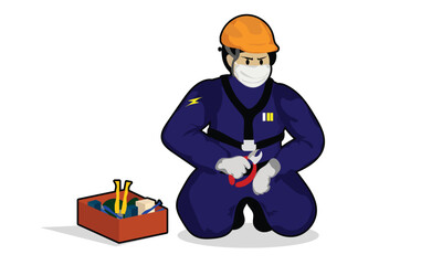 Vector illustration of a professional electrical worker wearing a safety helmet and uniform, symbolizing power maintenance and workplace safety.
