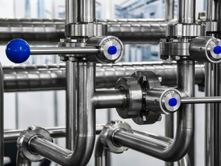 Close-up view of industrial stainless steel piping and valves in a modern facility