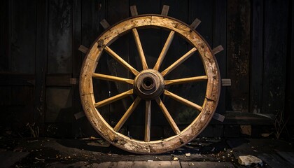 Aged wooden wagon wheel against dark wall