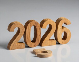 Slightly stylish wooden numbers '2026' placed on a smooth gray background, with an additional number '5' lying separately.