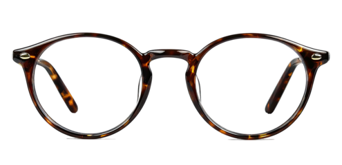 Close-up of tortoise-shell frame eyeglasses with round lenses and temples. Black background