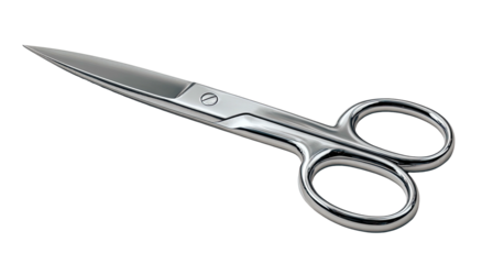 A close-up of shiny, surgical scissors with sharp blades and finger holes, on a black background