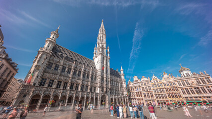 Timelapse hyperlapse of Town Hall on the Grand Place in Brussels, Belgium.