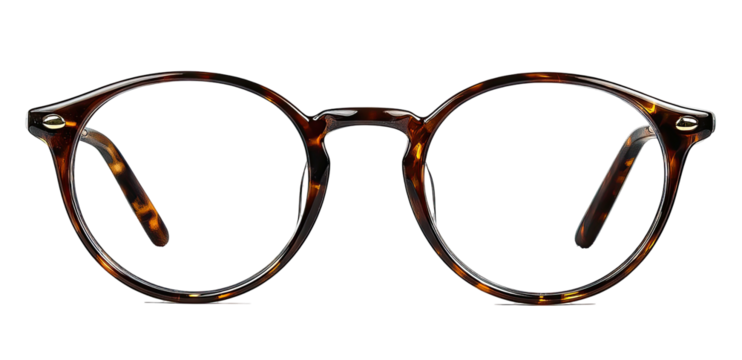 Close-up of tortoise-shell frame eyeglasses with round lenses and temples. Black background