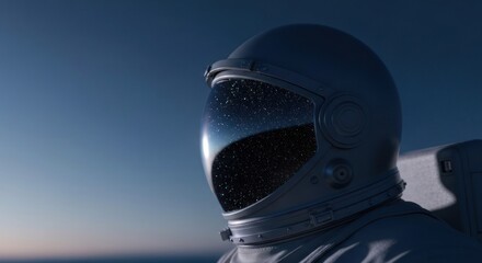 A lone astronaut gazes at a starry vista reflected in a space helmet's visor