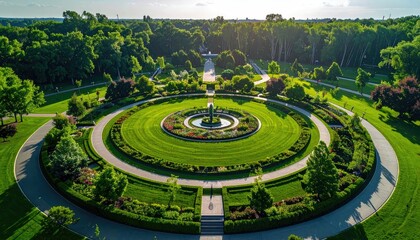 Aerial View of Circular Garden with Lush Greenery Blooming Flowers and Winding Pathways Under Bright Sunlight Surrounded by Dense Forest