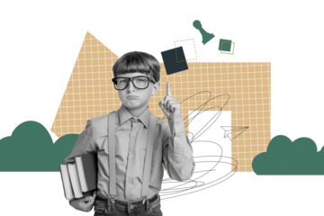 Composite photo collage of serious schoolboy nerd hold book homework preparation chess figurine idea isolated on painted background
