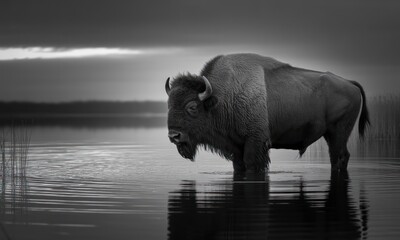 A lone bison stands in calm water, its massive form contrasting with the moody sky