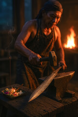 Master smith hammers patterned kris blade on anvil; incense and flame glow highlight sacred craftsmanship and devotion — generative AI