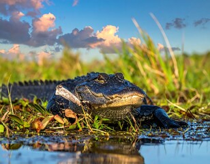 Large alligator resting in shallow marsh. Sunset hues behind clouds