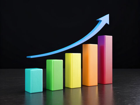 Colorful bar graph with upward arrow, depicting financial gain and business development on dark background.