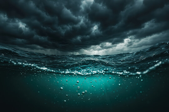Split-level ocean view with bubbles under teal water and storm clouds above; dramatic mood. generative AI