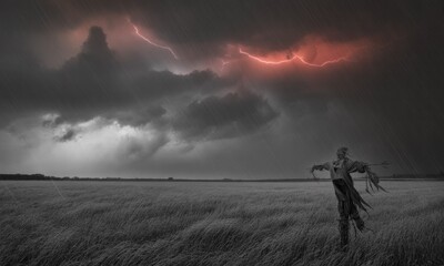A lone scarecrow stands in a field under a stormy sky, illuminated by lightning